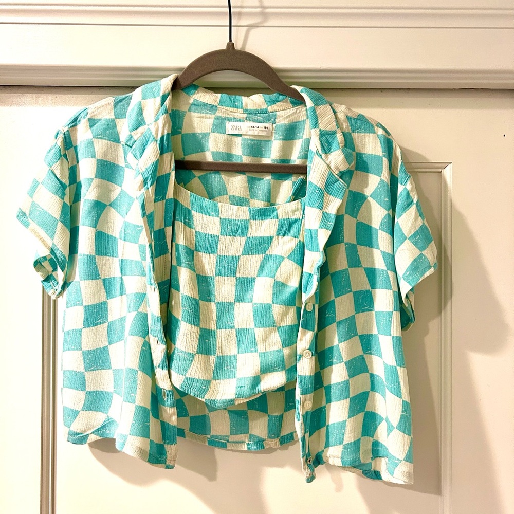 Zara Teal and White Checkered Shirt Set